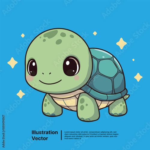 Adorable smiling baby turtle with a shiny shell, a cute kawaii character vector illustration
