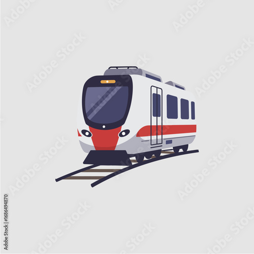 Modern commuter train on tracks, sleek design, red and white.