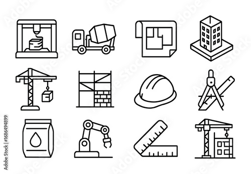 3D-Printed Construction Icons. Outline icon set of Architectural design with 3D-printed concrete: 3D printer,