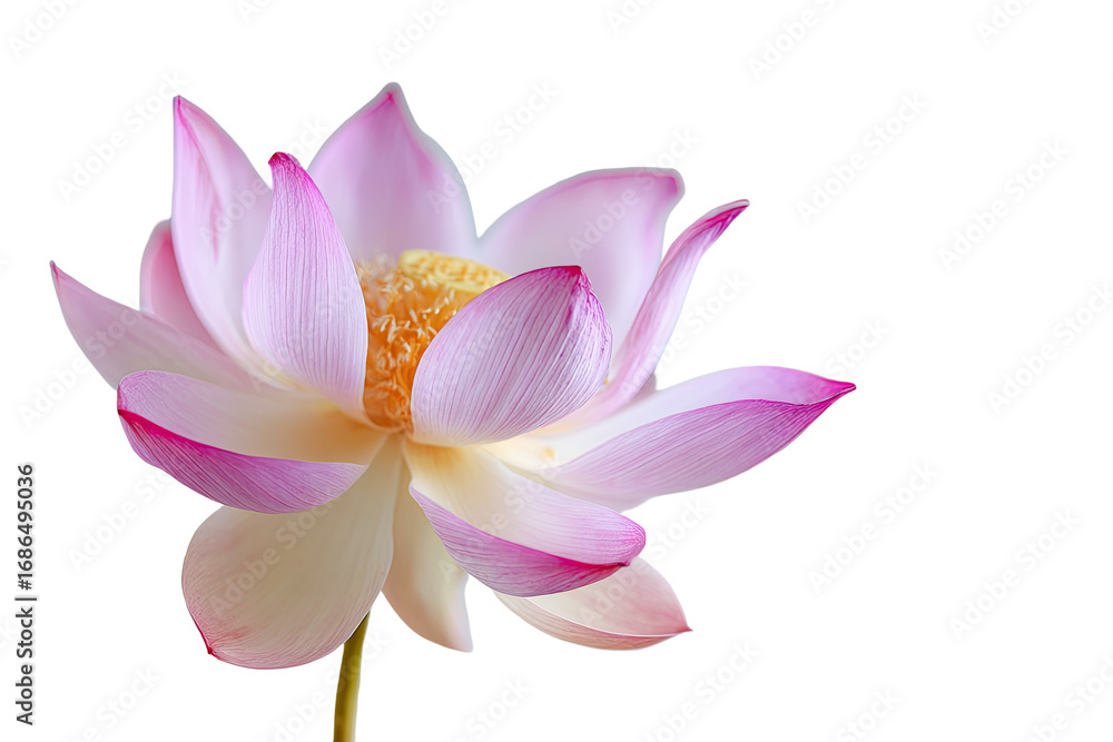 Fototapeta premium Close-up of a delicate pink lotus flower. Soft, pale pink petals surround a golden-yellow center. A slight gradient of color appears within the petals. Isolated against a black background