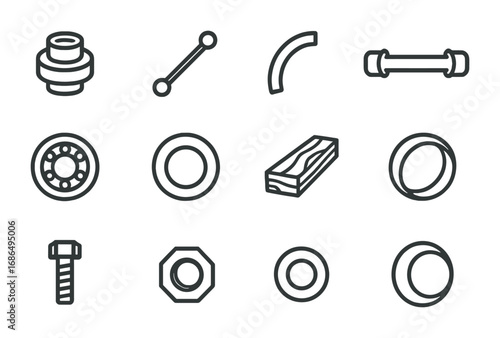Wagon Wheel Icons. Outline icon set of Wagon wheel components: hub, spoke, rim, axle, bearing, tire, wooden