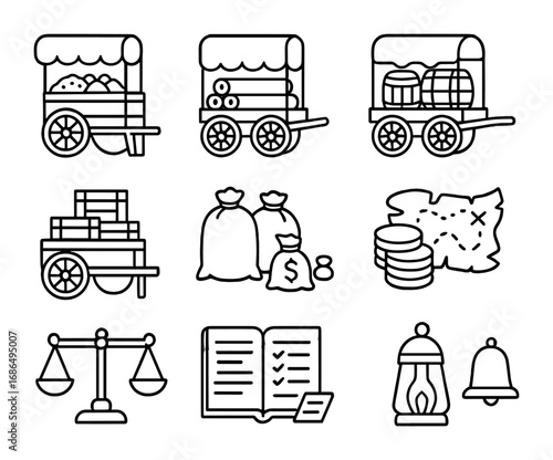 Historical Trade Icons. Outline icon set of Historical trade wagons: spice cart, fabric rolls, barrels, crates
