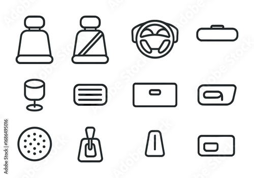 Compact Car Interior Icons. Outline icon set of Compact car interior from back seat: front seats, headrests,