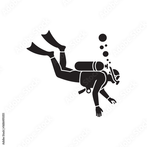 Silhouette of a diver with fins and scuba gear swimming underwater