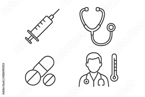Medical Icons Collection Syringe Stethoscope Pills Thermometer Doctor Vector Cartoon Set for Healthcare Apps Websites Banners Infographics Design