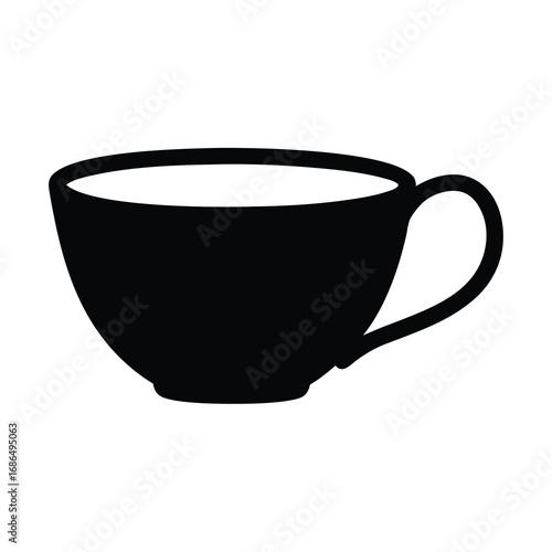 Simple black silhouette of a tea cup with handle on white background
