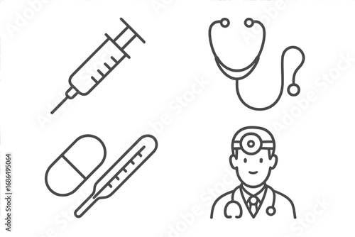 Medical icons set of syringe, stethoscope, pills, thermometer, and doctor avatar. Healthcare symbols for apps, websites, infographics, banners, and digital design. Vector cartoon style.