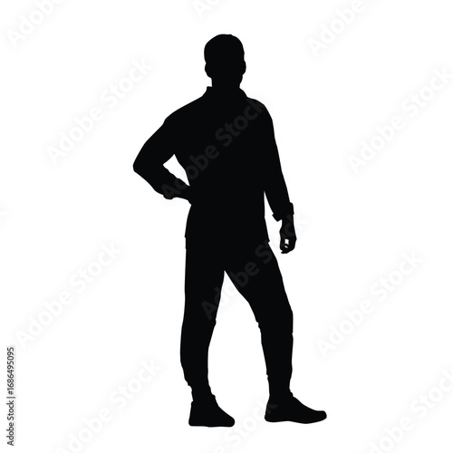Silhouette of a man standing in a relaxed but authoritative pose, with one hand on his hip.