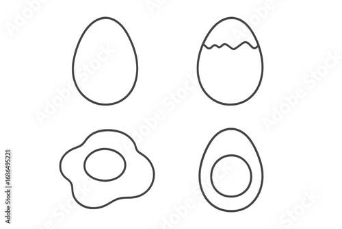 Collection of Thin Line Egg Icons and Signs for Apps, Websites, Banners, Infographics, and Design Projects. Vector Cartoon Illustrations of Whole Eggs, Cracked Eggs, Fried Eggs, and Halved Eggs