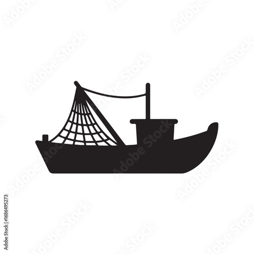 Silhouette of a fishing trawler with a net and mast on a white background