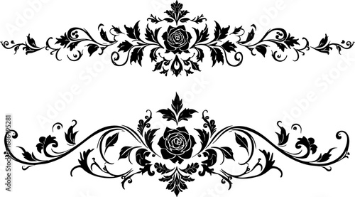 Floral Border Dividers with Ornate Roses and Leaves Line Art