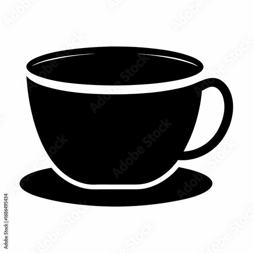 A minimalist black silhouette illustration of a coffee cup and saucer