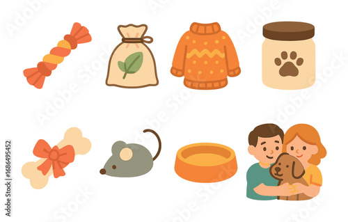 Pet Gift Icons. Flat vector mini-illustrations pet gifts from the family in colors children's illustrations: