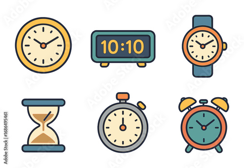 Timekeeping Icons for Kids. Flat vector mini-illustrations types of timekeeping in colors children's