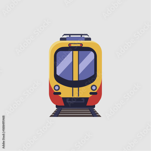 Front view of a stylized yellow and red commuter train on tracks.