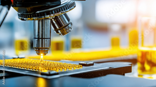 Microscope lens examining yellow synthetic skin patch in sterile lab environment with clear film overlay, representing futuristic beauty science and advanced skincare technology