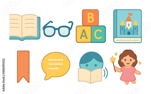 Children's Literacy Icons. Flat vector mini-illustrations reading and literacy apps in colors children's