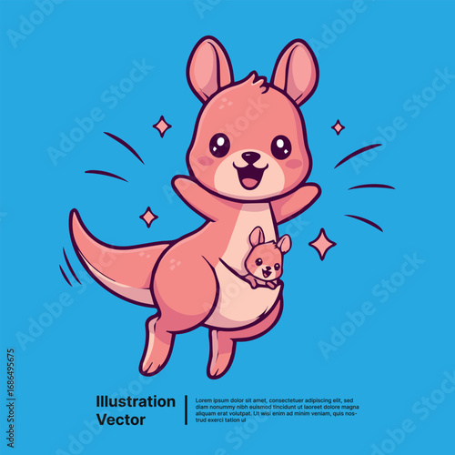 Charming pink kangaroo mom with her adorable joey in pouch, happily leaping amidst sparkling joy