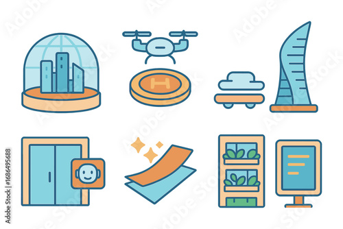 Futuristic City Icons. Flat vector mini-illustrations futuristic architecture in colors children's