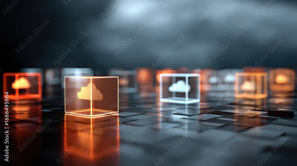 Fototapeta premium Futuristic Cloud Computing Network: Glowing Cubes in Digital Space