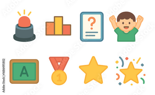 Classroom Quiz Competition Icons. Flat vector mini-illustrations classroom quiz competitions in colors