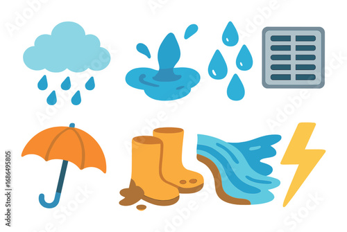 Rainy Day Icons. Flat vector mini-illustrations Rain and stormwater in colors children's illustrations: