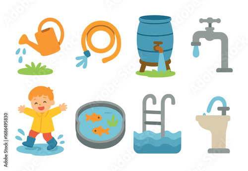Water Fun Icons. Flat vector mini-illustrations Human interaction with water in colors children's