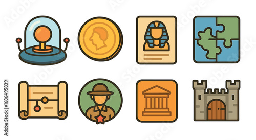 Historical Adventure Icons. Flat vector mini-illustrations history learning games in colors children's