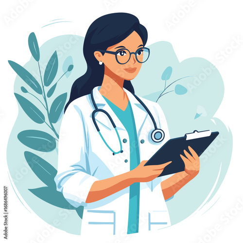 Dedicated female medical professional taking notes, a compelling vector illustration conveying essential healthcare duties and patient care with modern design flair