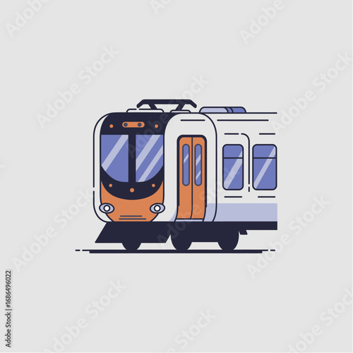 Modern commuter train illustration, front view, clean lines, orange and white design.