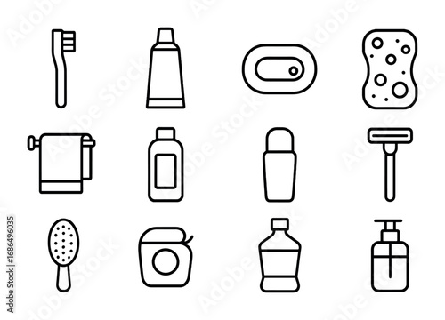 Daily Hygiene Icons. Outline icon set of daily hygiene: toothbrush, toothpaste, soap, sponge, towel, shampoo,
