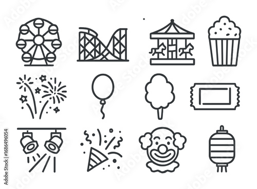 Carnival Night Icons. Outline icon set of night carnival fireworks: ferris wheel, roller coaster, carousel,