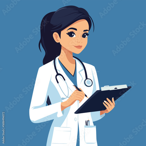 Dedicated female medical professional taking notes, a compelling vector illustration conveying essential healthcare duties and patient care with modern design flair