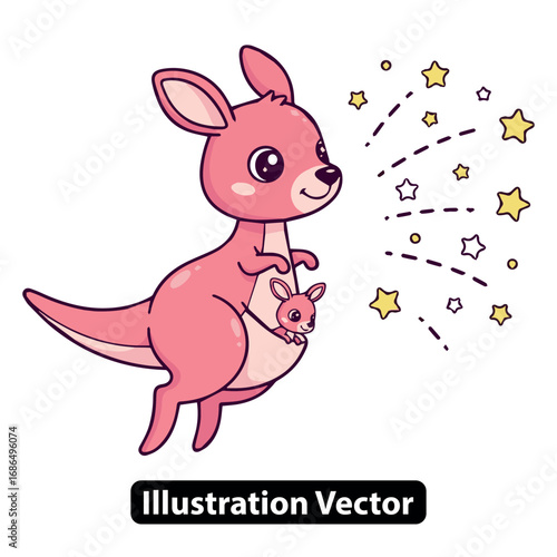 Pink Kangaroo with Joey Surrounded by Stars A Cute Cartoon Illustration