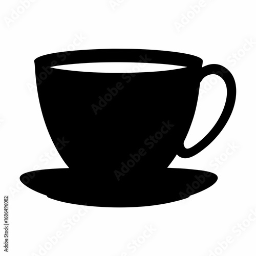 Elegant monochrome silhouette of a coffee cup and saucer on white background