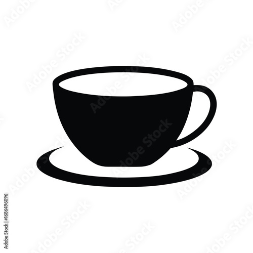 Stylized black and white illustration of a coffee cup and saucer