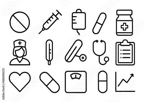 Pain Management Icons. Outline icon set of pain management: pill, syringe, IV bag, medicine bottle, nurse,