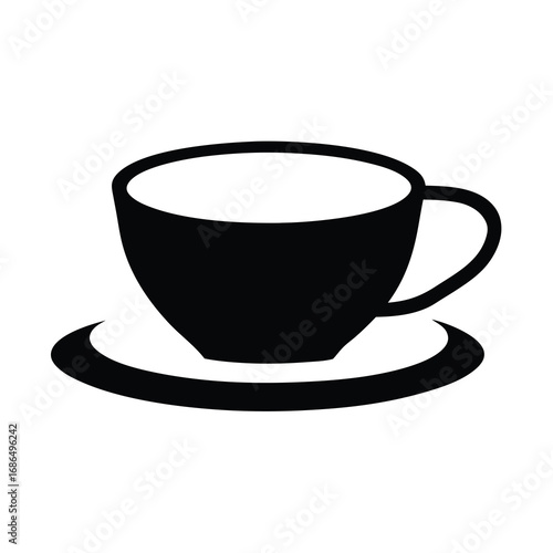 Simple vector image of a coffee cup and saucer in black