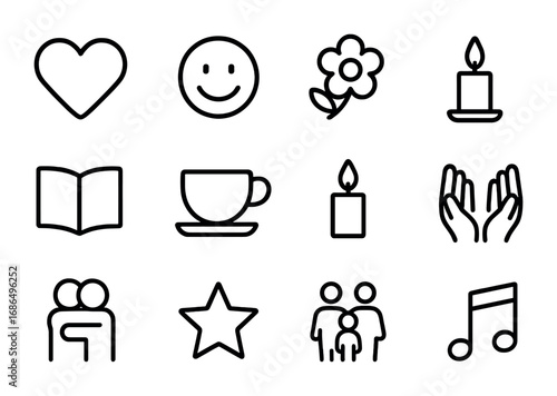 Emotional Support Icons. Outline icon set of emotional support: heart, smiley face, chat bubble, flower, book,