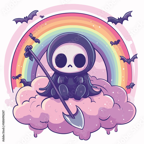 A cute kawaii grim reaper with a scythe sits on a cloud under a pastel rainbow with bats. Creepy cute vector art illustration. , vector style simple color