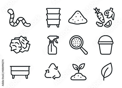 Vermicomposting Icon Set. Outline icon set of vermicomposting: worm, worm bin, soil, vegetable scraps, paper