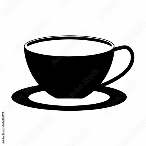 Elegant monochrome illustration of a cup of coffee or tea with saucer