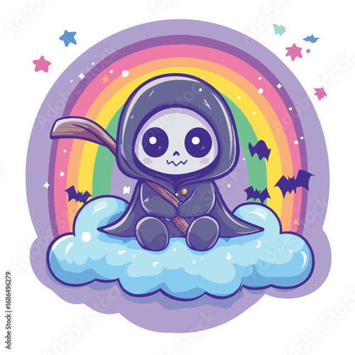 A cute kawaii grim reaper with a scythe sits on a cloud under a pastel rainbow with bats. Creepy cute vector art illustration. , vector style simple color