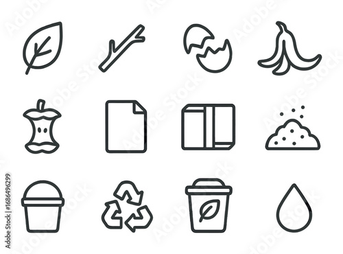 Biodegradable Icons Grid. Outline icon set of biodegradable waste: leaf, twig, eggshell, banana peel, apple