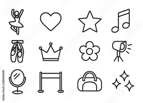 Dance Icon Set. Outline icon set of dance inspiration: dancer, heart, star, note, shoes, crown, flower,