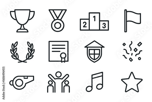 Sports Awards Icons. Outline icon set of sports awards ceremony: trophy, medal, podium, laurel wreath, flag,