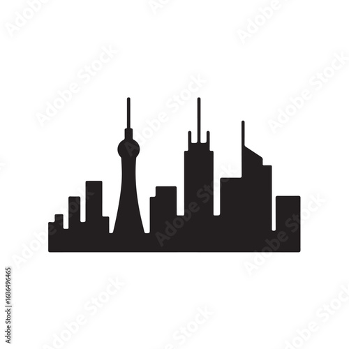 Silhouette of a Modern City Skyline with Tall Buildings and a Tower