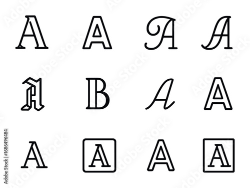 Decorative Alphabet Icons. Outline icon set of decorative alphabets: serif letter, sans serif letter, ornate