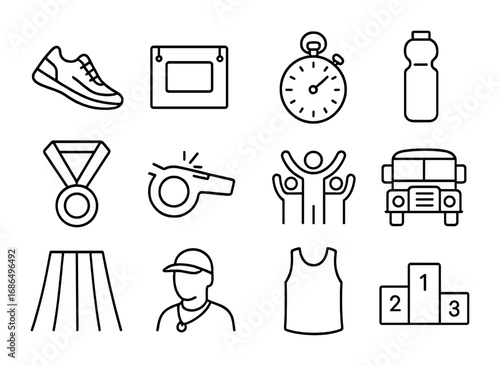 School Marathon Icons. Outline icon set of school marathon: running shoes, bib number, stopwatch, water bottle