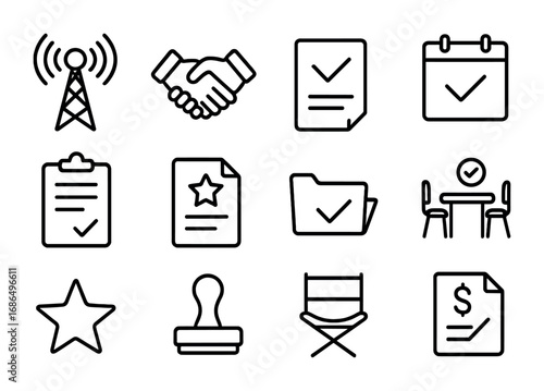 Network Approval Icons. Outline icon set of network approval: TV tower, handshake, contract, calendar,
